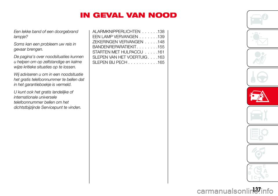 Abarth 124 Spider 2016 Instructieboek (in Dutch) IN GEVAL VAN NOOD
Een lekke band of een doorgebrand
lampje?
Soms kan een probleem uw reis in
gevaar brengen.
De pagina's over noodsituaties kunnen
u helpen om op zelfstandige en kalme
wijze kritie Abarth 124 Spider 2016 Instructieboek (in Dutch) IN GEVAL VAN NOOD
Een lekke band of een doorgebrand
lampje?
Soms kan een probleem uw reis in
gevaar brengen.
De pagina's over noodsituaties kunnen
u helpen om op zelfstandige en kalme
wijze kritie