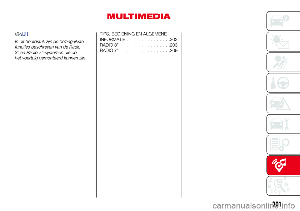 Abarth 124 Spider 2016  Instructieboek (in Dutch) MULTIMEDIA
In dit hoofdstuk zijn de belangrijkste
functies beschreven van de Radio
3” en Radio 7”-systemen die op
het voertuig gemonteerd kunnen zijn.
TIPS, BEDIENING EN ALGEMENE
INFORMATIE.......