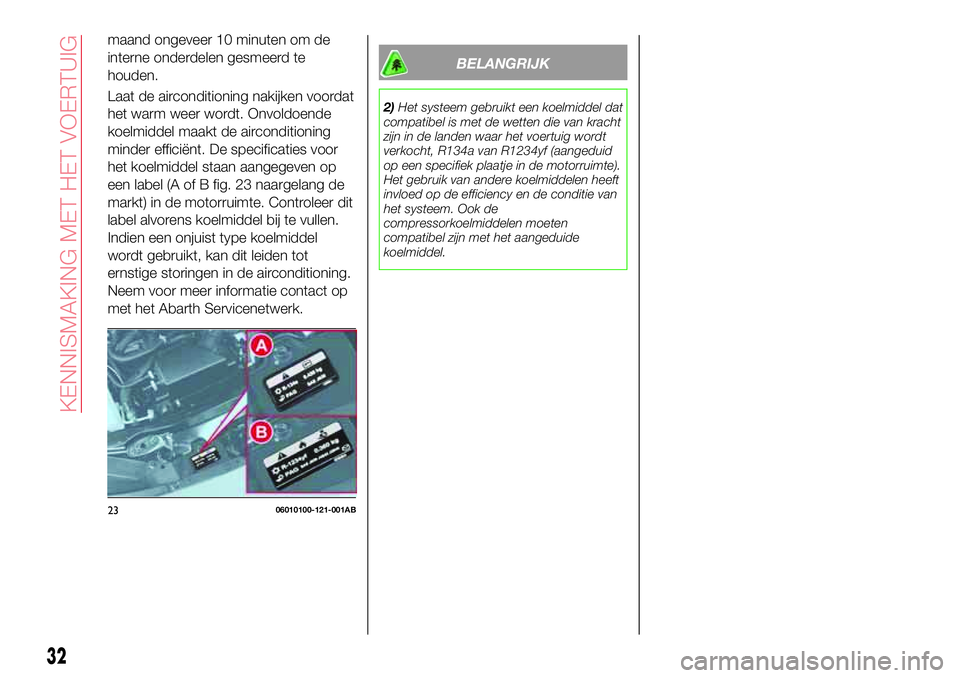 Abarth 124 Spider 2016 Instructieboek (in Dutch) maand ongeveer 10 minuten om de
interne onderdelen gesmeerd te
houden.
Laat de airconditioning nakijken voordat
het warm weer wordt. Onvoldoende
koelmiddel maakt de airconditioning
minder efficiënt. Abarth 124 Spider 2016 Instructieboek (in Dutch) maand ongeveer 10 minuten om de
interne onderdelen gesmeerd te
houden.
Laat de airconditioning nakijken voordat
het warm weer wordt. Onvoldoende
koelmiddel maakt de airconditioning
minder efficiënt.