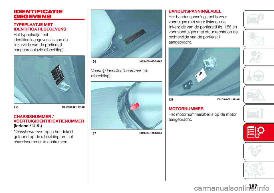 Abarth 124 Spider 2017  Instructieboek (in Dutch) IDENTIFICATIE
GEGEVENS
TYPEPLAATJE MET
IDENTIFICATIEGEGEVENS
Het typeplaatje met
identificatiegegevens is aan de
linkerzijde van de portierstijl
aangebracht (zie afbeelding).
CHASSISNUMMER /
VOERTUIGI
