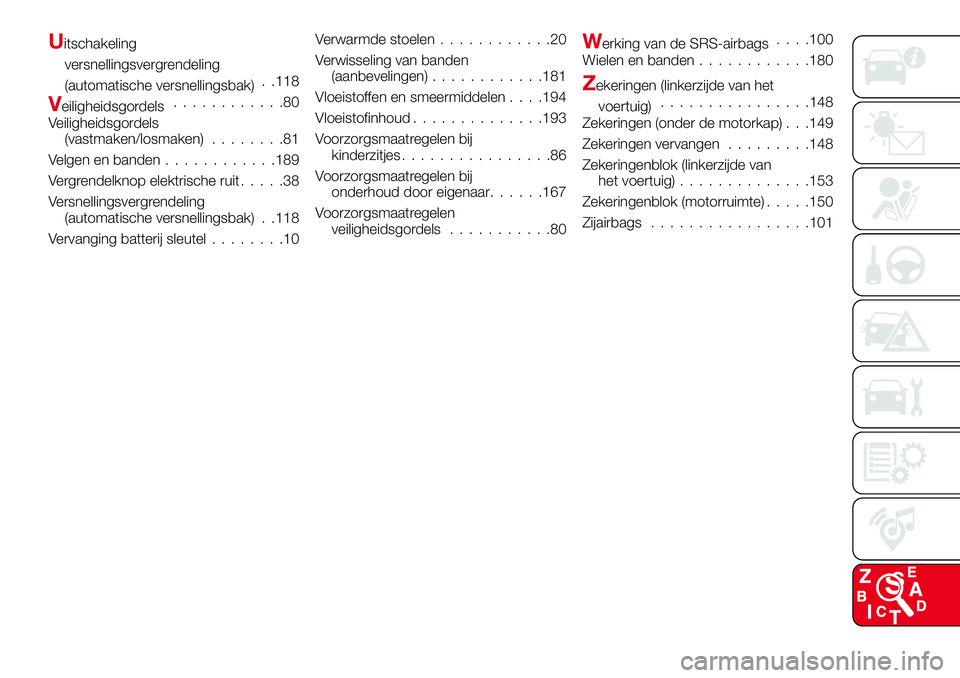 Abarth 124 Spider 2018  Instructieboek (in Dutch) Uitschakeling
versnellingsvergrendeling
(automatische versnellingsbak). .118
Veiligheidsgordels............80
Veiligheidsgordels
(vastmaken/losmaken)........81
Velgen en banden............189
Vergrend