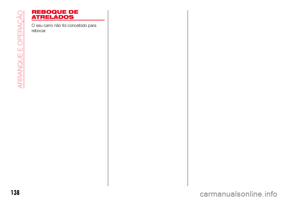 Abarth 124 Spider 2016 Manual de Uso e Manutenção (in Portuguese) REBOQUE DE
ATRELADOS
O seu carro não foi concebido para
rebocar.
138
ARRANQUE E OPERAÇÃO Abarth 124 Spider 2016 Manual de Uso e Manutenção (in Portuguese) REBOQUE DE
ATRELADOS
O seu carro não foi concebido para
rebocar.
138
ARRANQUE E OPERAÇÃO