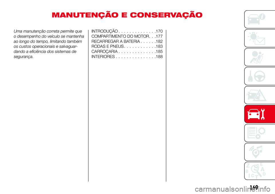 Abarth 124 Spider 2016 Manual de Uso e Manutenção (in Portuguese) MANUTENÇÃO E CONSERVAÇÃO
Uma manutenção correta permite que
o desempenho do veículo se mantenha
ao longo do tempo, limitando também
os custos operacionais e salvaguar-
dando a eficiência dos Abarth 124 Spider 2016 Manual de Uso e Manutenção (in Portuguese) MANUTENÇÃO E CONSERVAÇÃO
Uma manutenção correta permite que
o desempenho do veículo se mantenha
ao longo do tempo, limitando também
os custos operacionais e salvaguar-
dando a eficiência dos