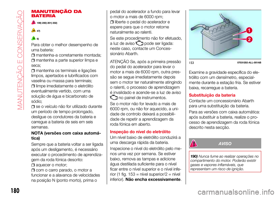 Abarth 124 Spider 2016 Manual de Uso e Manutenção (in Portuguese) MANUTENÇÃO DA
BATERIA
199) 200) 201) 202)
47)
6)
Para obter o melhor desempenho de
uma bateria:
mantenha-a corretamente montada;
mantenha a parte superior limpa e
seca;
mantenha os terminais e liga Abarth 124 Spider 2016 Manual de Uso e Manutenção (in Portuguese) MANUTENÇÃO DA
BATERIA
199) 200) 201) 202)
47)
6)
Para obter o melhor desempenho de
uma bateria:
mantenha-a corretamente montada;
mantenha a parte superior limpa e
seca;
mantenha os terminais e liga