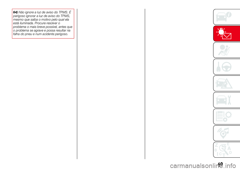 Abarth 124 Spider 2016 Manual de Uso e Manutenção (in Portuguese) 64)Não ignore a luz de aviso do TPMS. É
perigoso ignorar a luz de aviso do TPMS,
mesmo que saiba o motivo pelo qual ela
está iluminada. Procure resolver o
problema o mais breve possível, antes que Abarth 124 Spider 2016 Manual de Uso e Manutenção (in Portuguese) 64)Não ignore a luz de aviso do TPMS. É
perigoso ignorar a luz de aviso do TPMS,
mesmo que saiba o motivo pelo qual ela
está iluminada. Procure resolver o
problema o mais breve possível, antes que
