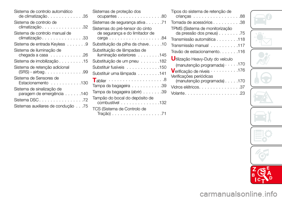 Abarth 124 Spider 2017 Manual de Uso e Manutenção (in Portuguese) Sistema de controlo automático
de climatização.............35
Sistema de controlo de
climatização...............32
Sistema de controlo manual de
climatização...............33
Sistema de entrada Abarth 124 Spider 2017 Manual de Uso e Manutenção (in Portuguese) Sistema de controlo automático
de climatização.............35
Sistema de controlo de
climatização...............32
Sistema de controlo manual de
climatização...............33
Sistema de entrada