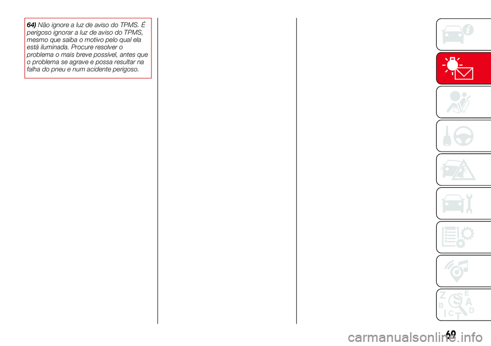 Abarth 124 Spider 2017 Manual de Uso e Manutenção (in Portuguese) 64)Não ignore a luz de aviso do TPMS. É
perigoso ignorar a luz de aviso do TPMS,
mesmo que saiba o motivo pelo qual ela
está iluminada. Procure resolver o
problema o mais breve possível, antes que Abarth 124 Spider 2017 Manual de Uso e Manutenção (in Portuguese) 64)Não ignore a luz de aviso do TPMS. É
perigoso ignorar a luz de aviso do TPMS,
mesmo que saiba o motivo pelo qual ela
está iluminada. Procure resolver o
problema o mais breve possível, antes que