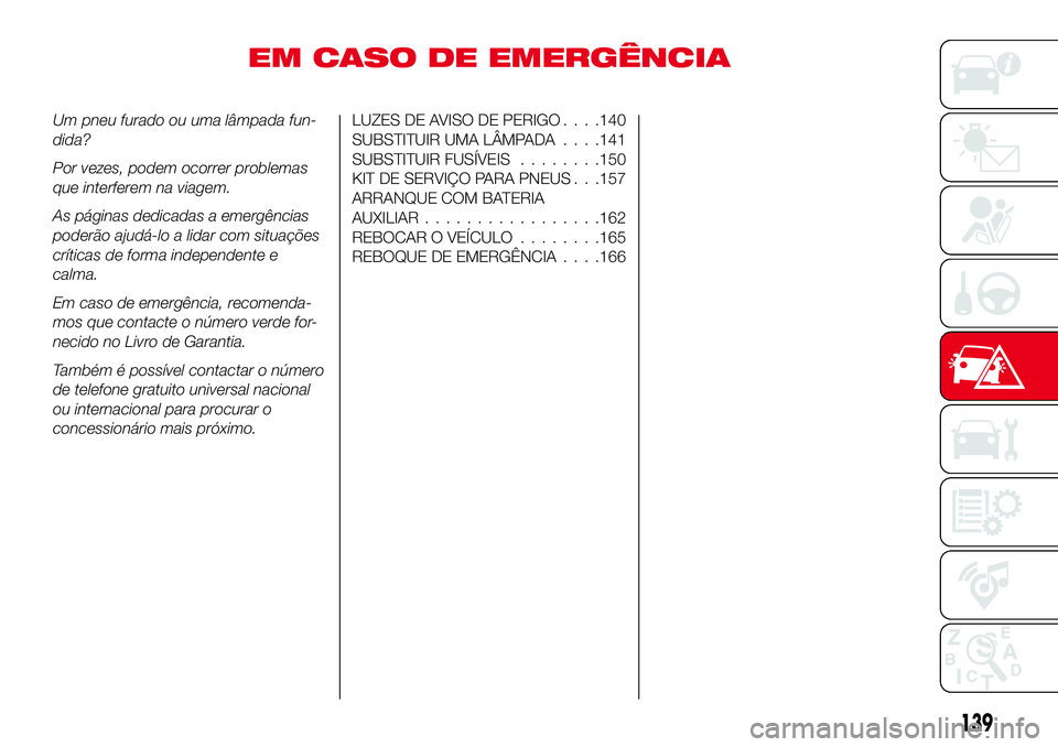 Abarth 124 Spider 2018 Manual de Uso e Manutenção (in Portuguese) EM CASO DE EMERGÊNCIA
Um pneu furado ou uma lâmpada fun-
dida?
Por vezes, podem ocorrer problemas
que interferem na viagem.
As páginas dedicadas a emergências
poderão ajudá-lo a lidar com situa Abarth 124 Spider 2018 Manual de Uso e Manutenção (in Portuguese) EM CASO DE EMERGÊNCIA
Um pneu furado ou uma lâmpada fun-
dida?
Por vezes, podem ocorrer problemas
que interferem na viagem.
As páginas dedicadas a emergências
poderão ajudá-lo a lidar com situa
