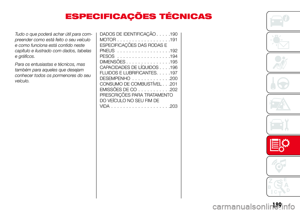 Abarth 124 Spider 2018  Manual de Uso e Manutenção (in Portuguese) ESPECIFICAÇÕES TÉCNICAS
Tudo o que poderá achar útil para com-
preender como está feito o seu veículo
e como funciona está contido neste
capítulo e ilustrado com dados, tabelas
e gráficos.
P