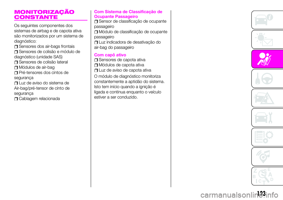 Abarth 124 Spider 2020 Manual de Uso e Manutenção (in Portuguese) MONITORIZAÇÃO
CONSTANTE
Os seguintes componentes dos
sistemas de airbag e de capota ativa
são monitorizados por um sistema de
diagnóstico:
Sensores dos air-bags frontais
Sensores de colisão e mó Abarth 124 Spider 2020 Manual de Uso e Manutenção (in Portuguese) MONITORIZAÇÃO
CONSTANTE
Os seguintes componentes dos
sistemas de airbag e de capota ativa
são monitorizados por um sistema de
diagnóstico:
Sensores dos air-bags frontais
Sensores de colisão e mó