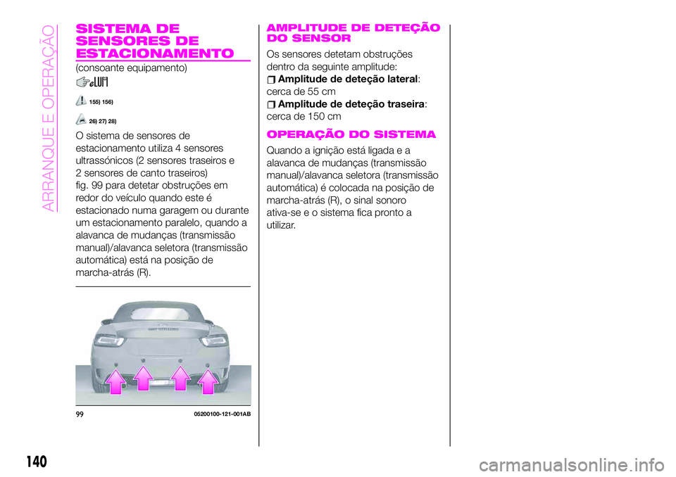 Abarth 124 Spider 2020 Manual de Uso e Manutenção (in Portuguese) SISTEMA DE
SENSORES DE
ESTACIONAMENTO
(consoante equipamento)
155) 156)
26) 27) 28)
O sistema de sensores de
estacionamento utiliza 4 sensores
ultrassónicos (2 sensores traseiros e
2 sensores de cant Abarth 124 Spider 2020 Manual de Uso e Manutenção (in Portuguese) SISTEMA DE
SENSORES DE
ESTACIONAMENTO
(consoante equipamento)
155) 156)
26) 27) 28)
O sistema de sensores de
estacionamento utiliza 4 sensores
ultrassónicos (2 sensores traseiros e
2 sensores de cant