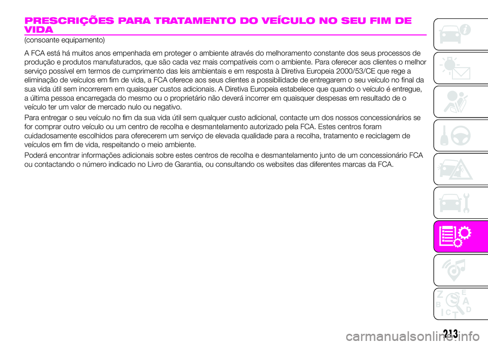Abarth 124 Spider 2020 Manual de Uso e Manutenção (in Portuguese) PRESCRIÇÕES PARA TRATAMENTO DO VEÍCULO NO SEU FIM DE
VIDA
(consoante equipamento)
A FCA está há muitos anos empenhada em proteger o ambiente através do melhoramento constante dos seus processos Abarth 124 Spider 2020 Manual de Uso e Manutenção (in Portuguese) PRESCRIÇÕES PARA TRATAMENTO DO VEÍCULO NO SEU FIM DE
VIDA
(consoante equipamento)
A FCA está há muitos anos empenhada em proteger o ambiente através do melhoramento constante dos seus processos
