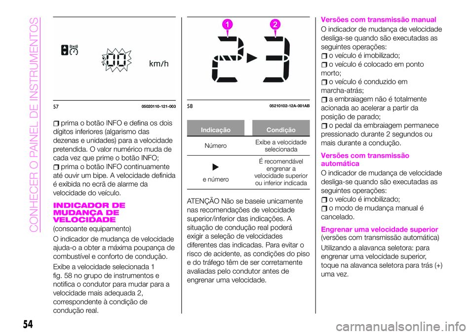 Abarth 124 Spider 2020  Manual de Uso e Manutenção (in Portuguese) prima o botão INFO e defina os dois
dígitos inferiores (algarismo das
dezenas e unidades) para a velocidade
pretendida. O valor numérico muda de
cada vez que prime o botão INFO;
prima o botão INF