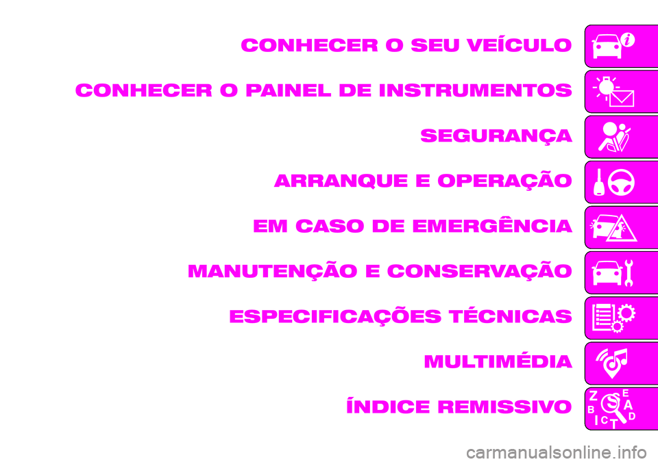Abarth 124 Spider 2020  Manual de Uso e Manutenção (in Portuguese) CONHECER O SEU VEÍCULO
CONHECER O PAINEL DE INSTRUMENTOS
SEGURANÇA
ARRANQUE E OPERAÇÃO
EM CASO DE EMERGÊNCIA
MANUTENÇÃO E CONSERVAÇÃO
ESPECIFICAÇÕES TÉCNICAS
MULTIMÉDIA
ÍNDICE REMISSIVO 