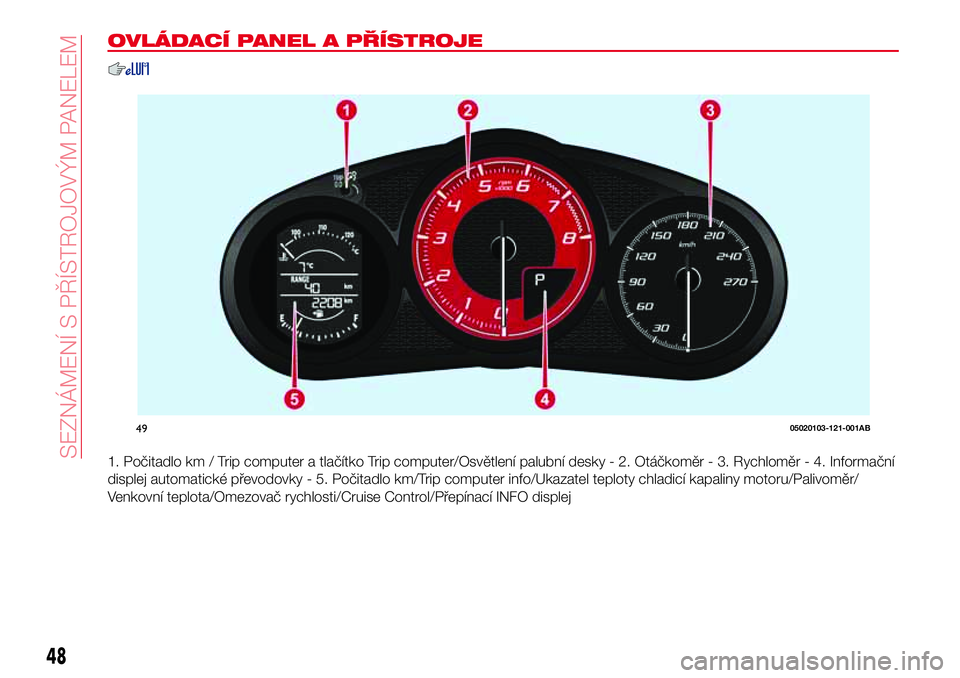 Abarth 124 Spider 2018 Návod k použití a údržbě (in Czech) OVLÁDACÍ PANEL A PŘÍSTROJE
1. Počitadlo km / Trip computer a tlačítko Trip computer/Osvětlení palubní desky - 2. Otáčkoměr - 3. Rychloměr - 4. Informační
displej automatické převodov Abarth 124 Spider 2018 Návod k použití a údržbě (in Czech) OVLÁDACÍ PANEL A PŘÍSTROJE
1. Počitadlo km / Trip computer a tlačítko Trip computer/Osvětlení palubní desky - 2. Otáčkoměr - 3. Rychloměr - 4. Informační
displej automatické převodov