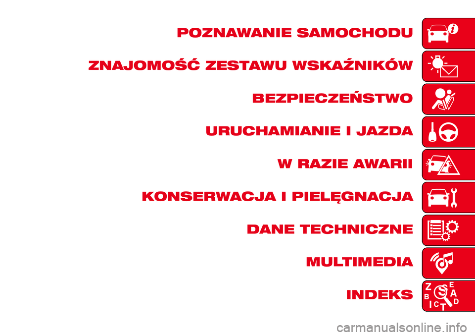 Abarth 124 Spider 2016  Instrukcja obsługi (in Polish) POZNAWANIE SAMOCHODU
ZNAJOMOŚĆ ZESTAWU WSKAŹNIKÓW
BEZPIECZEŃSTWO
URUCHAMIANIE I JAZDA
W RAZIE AWARII
KONSERWACJA I PIELĘGNACJA
DANE TECHNICZNE
MULTIMEDIA
INDEKS 