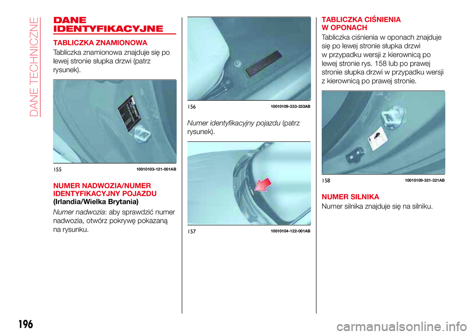 Abarth 124 Spider 2017 Instrukcja obsługi (in Polish) DANE
IDENTYFIKACYJNE
TABLICZKA ZNAMIONOWA
Tabliczka znamionowa znajduje się po
lewej stronie słupka drzwi (patrz
rysunek).
NUMER NADWOZIA/NUMER
IDENTYFIKACYJNY POJAZDU
(Irlandia/Wielka Brytania)
Num Abarth 124 Spider 2017 Instrukcja obsługi (in Polish) DANE
IDENTYFIKACYJNE
TABLICZKA ZNAMIONOWA
Tabliczka znamionowa znajduje się po
lewej stronie słupka drzwi (patrz
rysunek).
NUMER NADWOZIA/NUMER
IDENTYFIKACYJNY POJAZDU
(Irlandia/Wielka Brytania)
Num