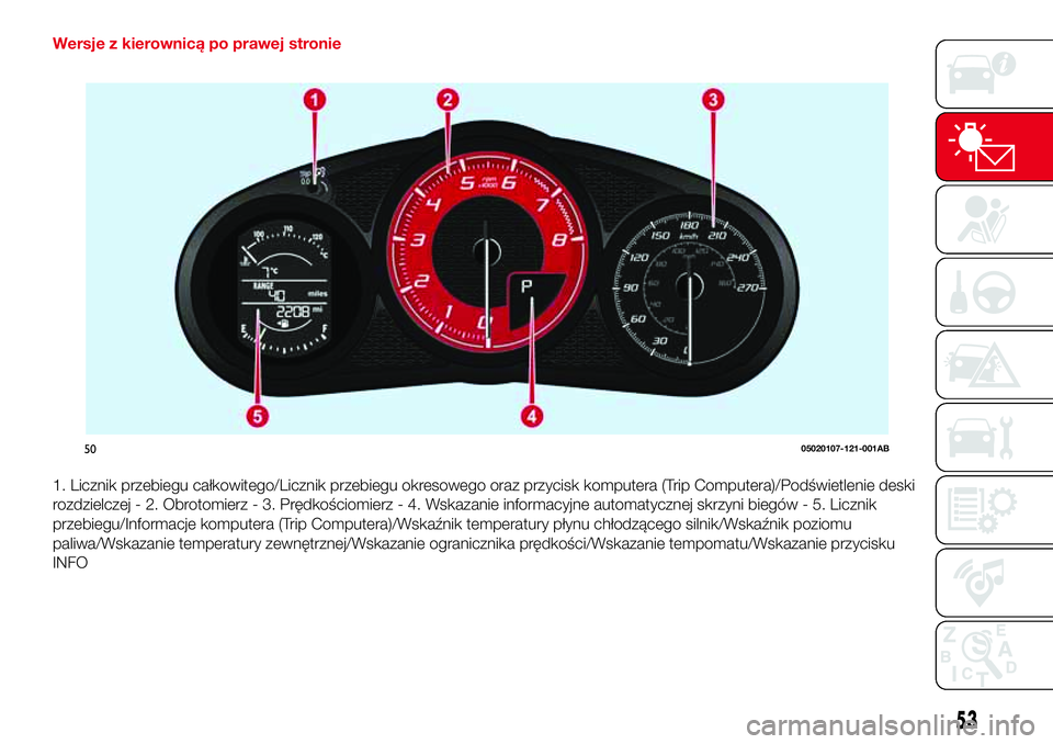 Abarth 124 Spider 2017 Instrukcja obsługi (in Polish) Wersje z kierownicą po prawej stronie
1. Licznik przebiegu całkowitego/Licznik przebiegu okresowego oraz przycisk komputera (Trip Computera)/Podświetlenie deski
rozdzielczej - 2. Obrotomierz - 3. P Abarth 124 Spider 2017 Instrukcja obsługi (in Polish) Wersje z kierownicą po prawej stronie
1. Licznik przebiegu całkowitego/Licznik przebiegu okresowego oraz przycisk komputera (Trip Computera)/Podświetlenie deski
rozdzielczej - 2. Obrotomierz - 3. P