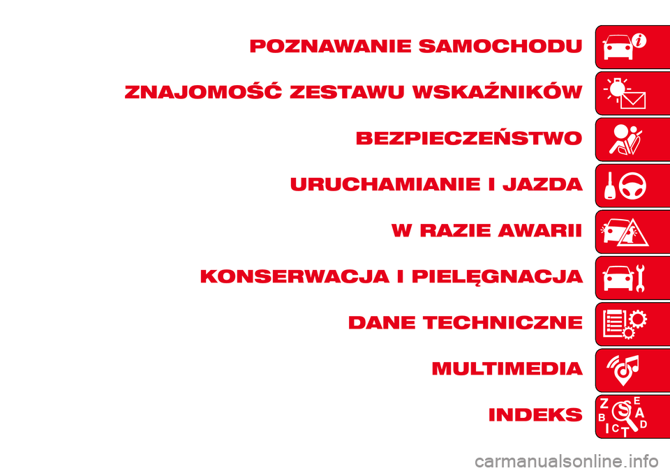 Abarth 124 Spider 2017  Instrukcja obsługi (in Polish) POZNAWANIE SAMOCHODU
ZNAJOMOŚĆ ZESTAWU WSKAŹNIKÓW
BEZPIECZEŃSTWO
URUCHAMIANIE I JAZDA
W RAZIE AWARII
KONSERWACJA I PIELĘGNACJA
DANE TECHNICZNE
MULTIMEDIA
INDEKS 