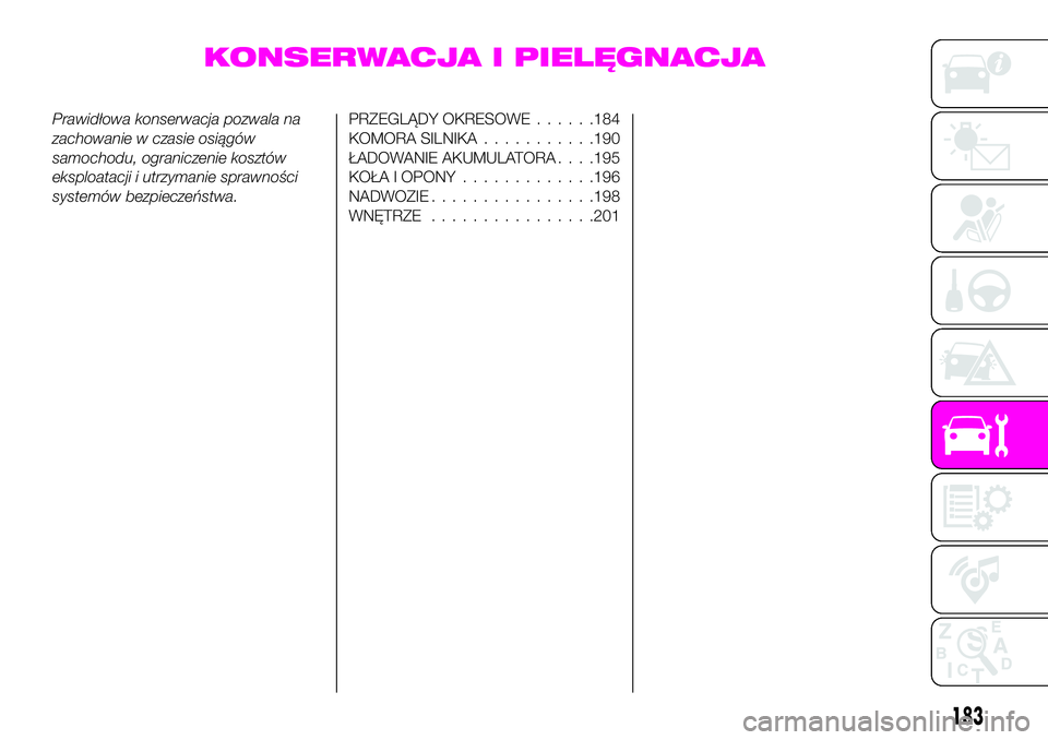 Abarth 124 Spider 2021 Instrukcja obsługi (in Polish) KONSERWACJA I PIELĘGNACJA
Prawidłowa konserwacja pozwala na
zachowanie w czasie osiągów
samochodu, ograniczenie kosztów
eksploatacji i utrzymanie sprawności
systemów bezpieczeństwa.PRZEGLĄDY Abarth 124 Spider 2021 Instrukcja obsługi (in Polish) KONSERWACJA I PIELĘGNACJA
Prawidłowa konserwacja pozwala na
zachowanie w czasie osiągów
samochodu, ograniczenie kosztów
eksploatacji i utrzymanie sprawności
systemów bezpieczeństwa.PRZEGLĄDY