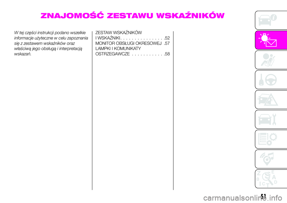 Abarth 124 Spider 2021 Instrukcja obsługi (in Polish) ZNAJOMOŚĆ ZESTAWU WSKAŹNIKÓW
W tej części instrukcji podano wszelkie
informacje użyteczne w celu zapoznania
się z zestawem wskaźników oraz
właściwą jego obsługą i interpretacją
wskaza Abarth 124 Spider 2021 Instrukcja obsługi (in Polish) ZNAJOMOŚĆ ZESTAWU WSKAŹNIKÓW
W tej części instrukcji podano wszelkie
informacje użyteczne w celu zapoznania
się z zestawem wskaźników oraz
właściwą jego obsługą i interpretacją
wskaza