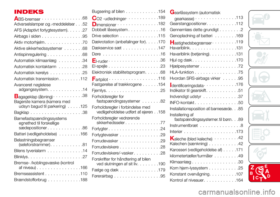 Abarth 124 Spider 2016  Brugs- og vedligeholdelsesvejledning (in Danish) INDEKS
ABS-bremser...............68
Advarselslamper og -meddelelser.......................52
AFS (Adaptivt forlygtesystem)......27
Airbags i siden...............95
Aktiv motorhjelm..............70
Akt