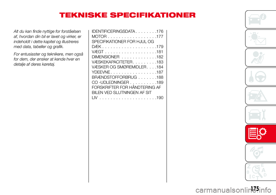 Abarth 124 Spider 2018 Brugs- og vedligeholdelsesvejledning (in Danish) TEKNISKE SPECIFIKATIONER
Alt du kan finde nyttige for forståelsen
af, hvordan din bil er lavet og virker, er
indeholdt i dette kapitel og illustreres
med data, tabeller og grafik.
For entusiaster og Abarth 124 Spider 2018 Brugs- og vedligeholdelsesvejledning (in Danish) TEKNISKE SPECIFIKATIONER
Alt du kan finde nyttige for forståelsen
af, hvordan din bil er lavet og virker, er
indeholdt i dette kapitel og illustreres
med data, tabeller og grafik.
For entusiaster og