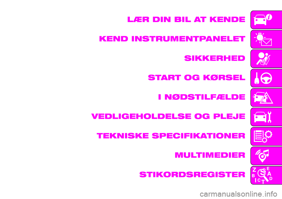 Abarth 124 Spider 2020 Brugs- og vedligeholdelsesvejledning (in Danish) LÆR DIN BIL AT KENDE
KEND INSTRUMENTPANELET
SIKKERHED
START OG KØRSEL
I NØDSTILFÆLDE
VEDLIGEHOLDELSE OG PLEJE
TEKNISKE SPECIFIKATIONER
MULTIMEDIER
STIKORDSREGISTER Abarth 124 Spider 2020 Brugs- og vedligeholdelsesvejledning (in Danish) LÆR DIN BIL AT KENDE
KEND INSTRUMENTPANELET
SIKKERHED
START OG KØRSEL
I NØDSTILFÆLDE
VEDLIGEHOLDELSE OG PLEJE
TEKNISKE SPECIFIKATIONER
MULTIMEDIER
STIKORDSREGISTER