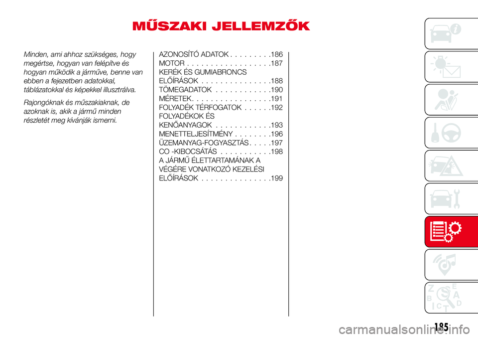 Abarth 124 Spider 2018  Kezelési és karbantartási útmutató (in Hungarian) MŰSZAKI JELLEMZŐK
Minden, ami ahhoz szükséges, hogy
megértse, hogyan van felépítve és
hogyan működik a járműve, benne van
ebben a fejezetben adatokkal,
táblázatokkal és képekkel illusz