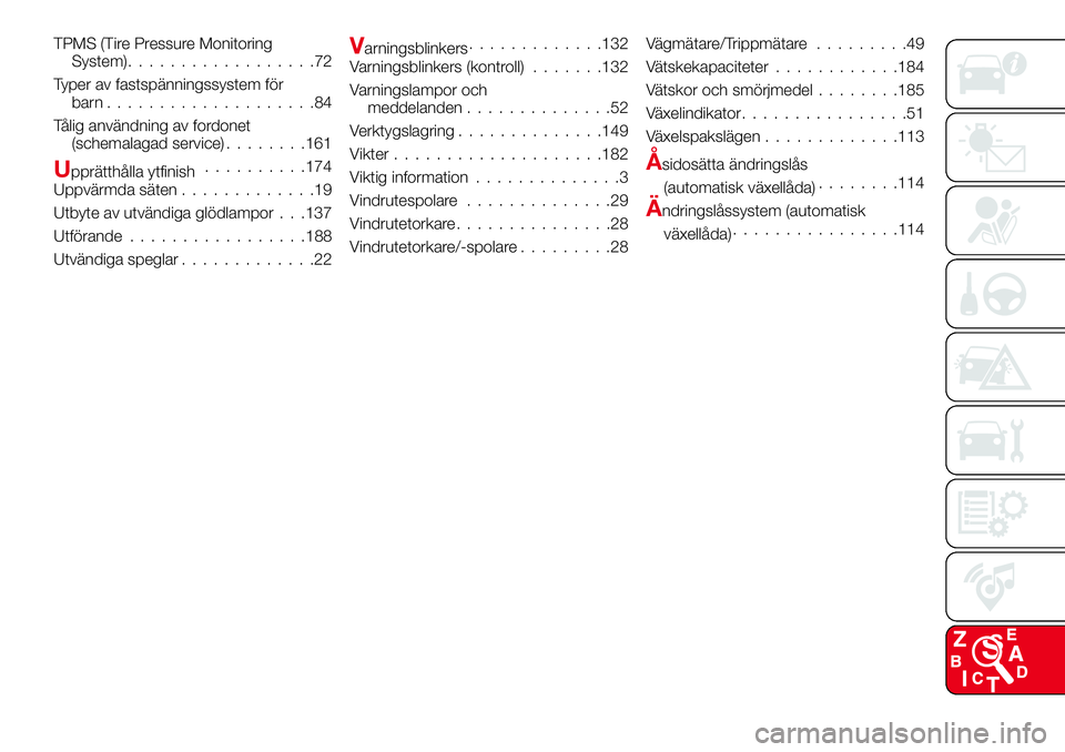 Abarth 124 Spider 2016 Drift- och underhållshandbok (in Swedish) TPMS (Tire Pressure Monitoring
System)..................72
Typer av fastspänningssystem för
barn....................84
Tålig användning av fordonet
(schemalagad service)........161
Upprätthålla Abarth 124 Spider 2016 Drift- och underhållshandbok (in Swedish) TPMS (Tire Pressure Monitoring
System)..................72
Typer av fastspänningssystem för
barn....................84
Tålig användning av fordonet
(schemalagad service)........161
Upprätthålla