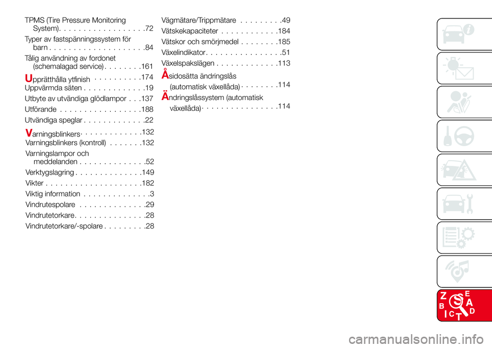 Abarth 124 Spider 2018  Drift- och underhållshandbok (in Swedish) TPMS (Tire Pressure Monitoring
System)..................72
Typer av fastspänningssystem för
barn....................84
Tålig användning av fordonet
(schemalagad service)........161
Upprätthålla 