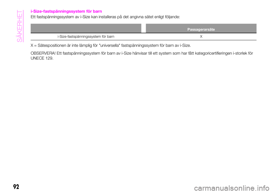 Abarth 124 Spider 2021  Drift- och underhållshandbok (in Swedish) i-Size-fastspänningssystem för barn
Ett fastspänningssystem av i-Size kan installeras på det angivna sätet enligt följande:
Passagerarsäte
i-Size-fastspänningssystem för barn X
X = Sätesposi