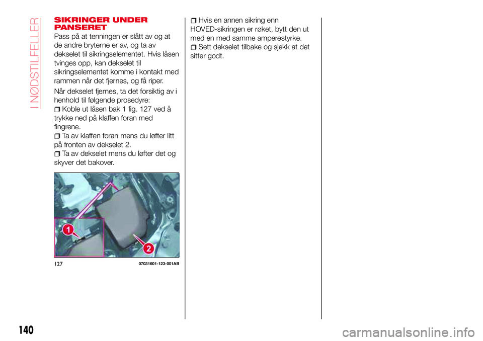 Abarth 124 Spider 2016  Drift- og vedlikeholdshåndbok (in Norwegian) SIKRINGER UNDER
PANSERET
Pass på at tenningen er slått av og at
de andre bryterne er av, og ta av
dekselet til sikringselementet. Hvis låsen
tvinges opp, kan dekselet til
sikringselementet komme i 