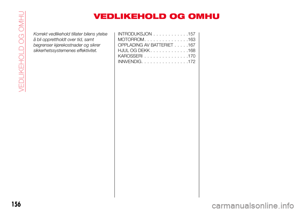 Abarth 124 Spider 2016 Drift- og vedlikeholdshåndbok (in Norwegian) VEDLIKEHOLD OG OMHU
Korrekt vedlikehold tillater bilens ytelse
å bli opprettholdt over tid, samt
begrenser kjørekostnader og sikrer
sikkerhetssystemenes effektivitet.INTRODUKSJON............157
MOTO Abarth 124 Spider 2016 Drift- og vedlikeholdshåndbok (in Norwegian) VEDLIKEHOLD OG OMHU
Korrekt vedlikehold tillater bilens ytelse
å bli opprettholdt over tid, samt
begrenser kjørekostnader og sikrer
sikkerhetssystemenes effektivitet.INTRODUKSJON............157
MOTO