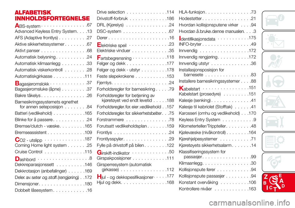 Abarth 124 Spider 2016 Drift- og vedlikeholdshåndbok (in Norwegian) ALFABETISK
INNHOLDSFORTEGNELSE
ABS-system................67
Advanced Keyless Entry System....13
AFS (Adaptive frontlys)..........27
Aktive sikkerhetssystemer........67
Aktivt panser................68
Abarth 124 Spider 2016 Drift- og vedlikeholdshåndbok (in Norwegian) ALFABETISK
INNHOLDSFORTEGNELSE
ABS-system................67
Advanced Keyless Entry System....13
AFS (Adaptive frontlys)..........27
Aktive sikkerhetssystemer........67
Aktivt panser................68