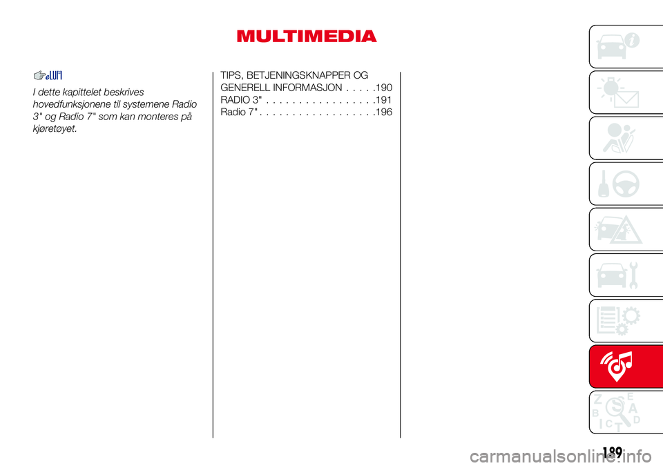Abarth 124 Spider 2017  Drift- og vedlikeholdshåndbok (in Norwegian) MULTIMEDIA
I dette kapittelet beskrives
hovedfunksjonene til systemene Radio
3" og Radio 7" som kan monteres på
kjøretøyet.
TIPS, BETJENINGSKNAPPER OG
GENERELL INFORMASJON.....190
RADIO 3&#