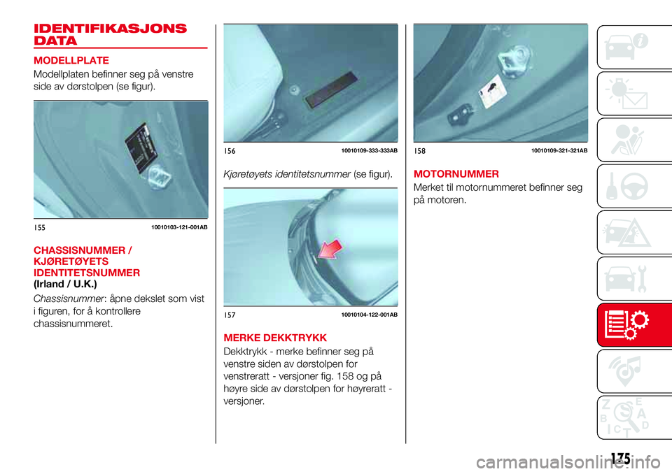 Abarth 124 Spider 2018  Drift- og vedlikeholdshåndbok (in Norwegian) IDENTIFIKASJONS
DATA
MODELLPLATE
Modellplaten befinner seg på venstre
side av dørstolpen (se figur).
CHASSISNUMMER /
KJØRETØYETS
IDENTITETSNUMMER
(Irland / U.K.)
Chassisnummer: åpne dekslet som v