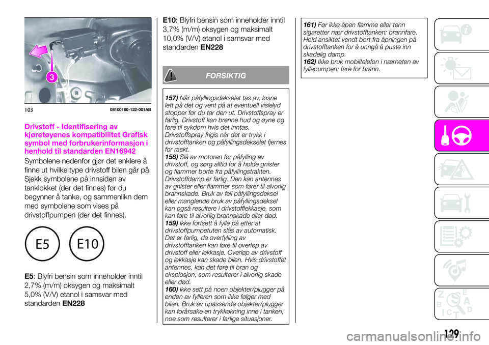 Abarth 124 Spider 2021 Drift- og vedlikeholdshåndbok (in Norwegian) Drivstoff - Identifisering av
kjøretøyenes kompatibilitet Grafisk
symbol med forbrukerinformasjon i
henhold til standarden EN16942
Symbolene nedenfor gjør det enklere å
finne ut hvilke type drivst Abarth 124 Spider 2021 Drift- og vedlikeholdshåndbok (in Norwegian) Drivstoff - Identifisering av
kjøretøyenes kompatibilitet Grafisk
symbol med forbrukerinformasjon i
henhold til standarden EN16942
Symbolene nedenfor gjør det enklere å
finne ut hvilke type drivst
