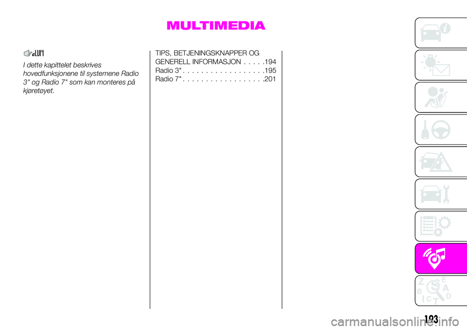 Abarth 124 Spider 2019  Drift- og vedlikeholdshåndbok (in Norwegian) MULTIMEDIA
I dette kapittelet beskrives
hovedfunksjonene til systemene Radio
3" og Radio 7" som kan monteres på
kjøretøyet.
TIPS, BETJENINGSKNAPPER OG
GENERELL INFORMASJON.....194
Radio 3&#