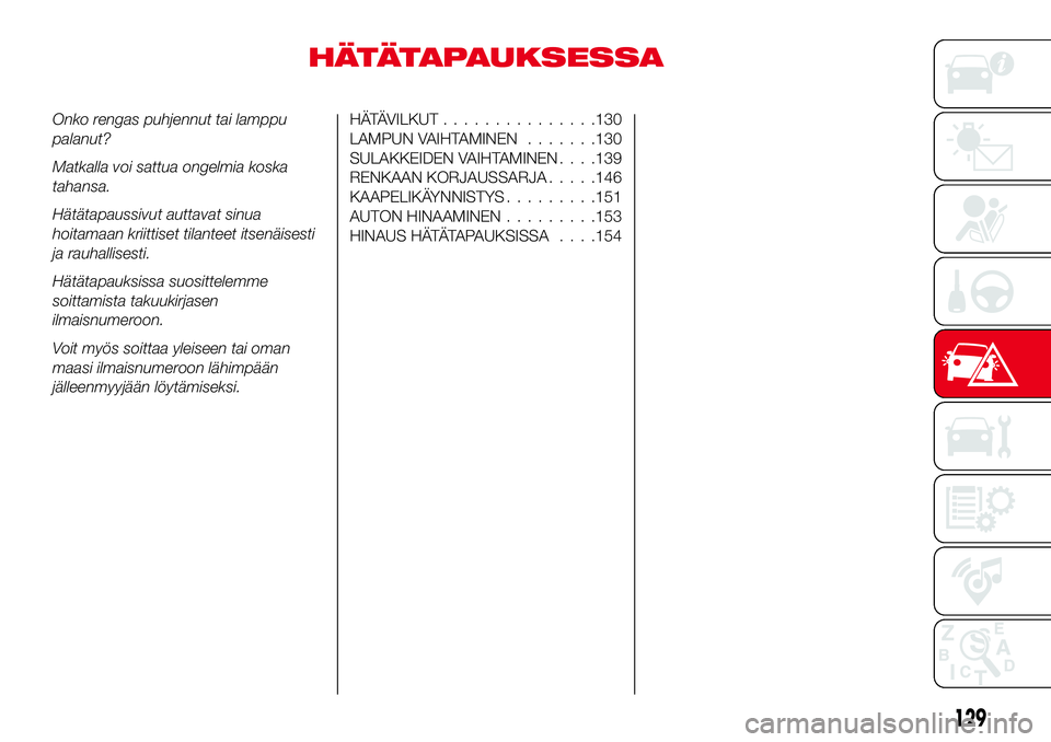 Abarth 124 Spider 2016 Käyttö- ja huolto-ohjekirja (in Finnish) HÄTÄTAPAUKSESSA
Onko rengas puhjennut tai lamppu
palanut?
Matkalla voi sattua ongelmia koska
tahansa.
Hätätapaussivut auttavat sinua
hoitamaan kriittiset tilanteet itsenäisesti
ja rauhallisesti.
Abarth 124 Spider 2016 Käyttö- ja huolto-ohjekirja (in Finnish) HÄTÄTAPAUKSESSA
Onko rengas puhjennut tai lamppu
palanut?
Matkalla voi sattua ongelmia koska
tahansa.
Hätätapaussivut auttavat sinua
hoitamaan kriittiset tilanteet itsenäisesti
ja rauhallisesti.