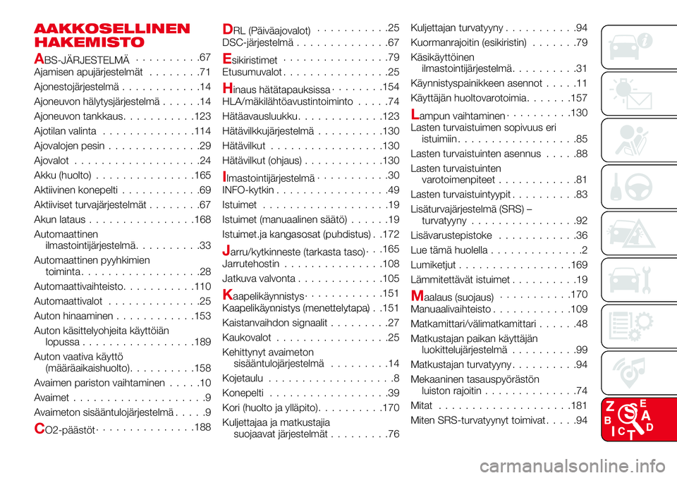 Abarth 124 Spider 2016 Käyttö- ja huolto-ohjekirja (in Finnish) AAKKOSELLINEN
HAKEMISTO
ABS-JÄRJESTELMÄ..........67
Ajamisen apujärjestelmät........71
Ajonestojärjestelmä............14
Ajoneuvon hälytysjärjestelmä......14
Ajoneuvon tankkaus...........123
Abarth 124 Spider 2016 Käyttö- ja huolto-ohjekirja (in Finnish) AAKKOSELLINEN
HAKEMISTO
ABS-JÄRJESTELMÄ..........67
Ajamisen apujärjestelmät........71
Ajonestojärjestelmä............14
Ajoneuvon hälytysjärjestelmä......14
Ajoneuvon tankkaus...........123