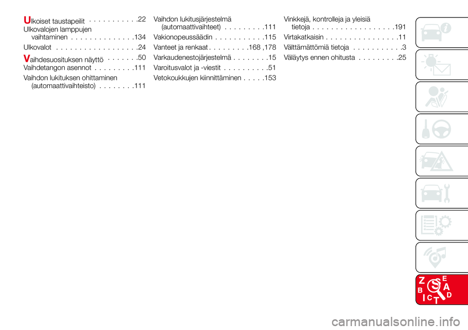 Abarth 124 Spider 2016 Käyttö- ja huolto-ohjekirja (in Finnish) Ulkoiset taustapeilit...........22
Ulkovalojen lamppujen
vaihtaminen..............134
Ulkovalot..................24
Vaihdesuosituksen näyttö.......50
Vaihdetangon asennot.........111
Vaihdon lukituk Abarth 124 Spider 2016 Käyttö- ja huolto-ohjekirja (in Finnish) Ulkoiset taustapeilit...........22
Ulkovalojen lamppujen
vaihtaminen..............134
Ulkovalot..................24
Vaihdesuosituksen näyttö.......50
Vaihdetangon asennot.........111
Vaihdon lukituk