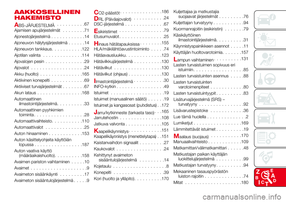Abarth 124 Spider 2017 Käyttö- ja huolto-ohjekirja (in Finnish) AAKKOSELLINEN
HAKEMISTO
ABS-JÄRJESTELMÄ..........67
Ajamisen apujärjestelmät........71
Ajonestojärjestelmä............14
Ajoneuvon hälytysjärjestelmä......14
Ajoneuvon tankkaus...........122
Abarth 124 Spider 2017 Käyttö- ja huolto-ohjekirja (in Finnish) AAKKOSELLINEN
HAKEMISTO
ABS-JÄRJESTELMÄ..........67
Ajamisen apujärjestelmät........71
Ajonestojärjestelmä............14
Ajoneuvon hälytysjärjestelmä......14
Ajoneuvon tankkaus...........122