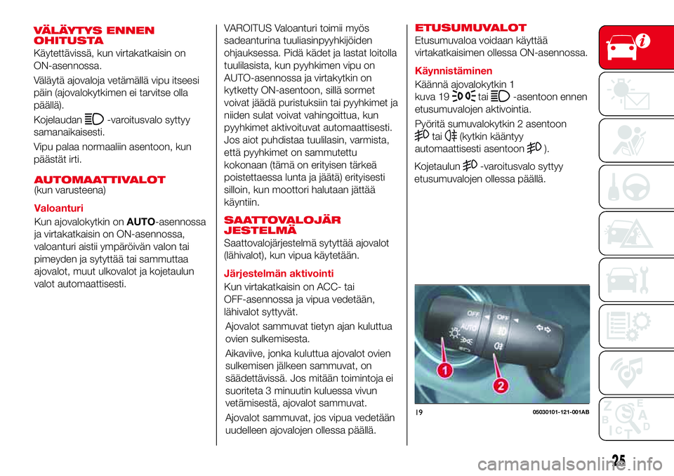 Abarth 124 Spider 2017 Käyttö- ja huolto-ohjekirja (in Finnish) VÄLÄYTYS ENNEN
OHITUSTA
Käytettävissä, kun virtakatkaisin on
ON-asennossa.
Väläytä ajovaloja vetämällä vipu itseesi
päin (ajovalokytkimen ei tarvitse olla
päällä).
Kojelaudan
-varoitusv Abarth 124 Spider 2017 Käyttö- ja huolto-ohjekirja (in Finnish) VÄLÄYTYS ENNEN
OHITUSTA
Käytettävissä, kun virtakatkaisin on
ON-asennossa.
Väläytä ajovaloja vetämällä vipu itseesi
päin (ajovalokytkimen ei tarvitse olla
päällä).
Kojelaudan
-varoitusv