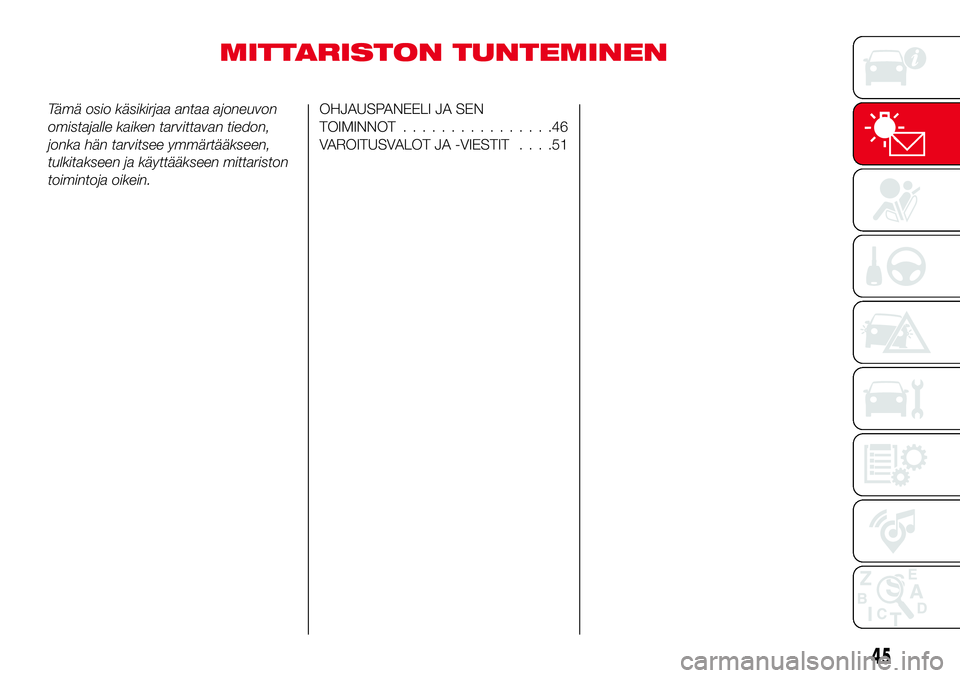 Abarth 124 Spider 2017  Käyttö- ja huolto-ohjekirja (in Finnish) MITTARISTON TUNTEMINEN
Tämä osio käsikirjaa antaa ajoneuvon
omistajalle kaiken tarvittavan tiedon,
jonka hän tarvitsee ymmärtääkseen,
tulkitakseen ja käyttääkseen mittariston
toimintoja oike