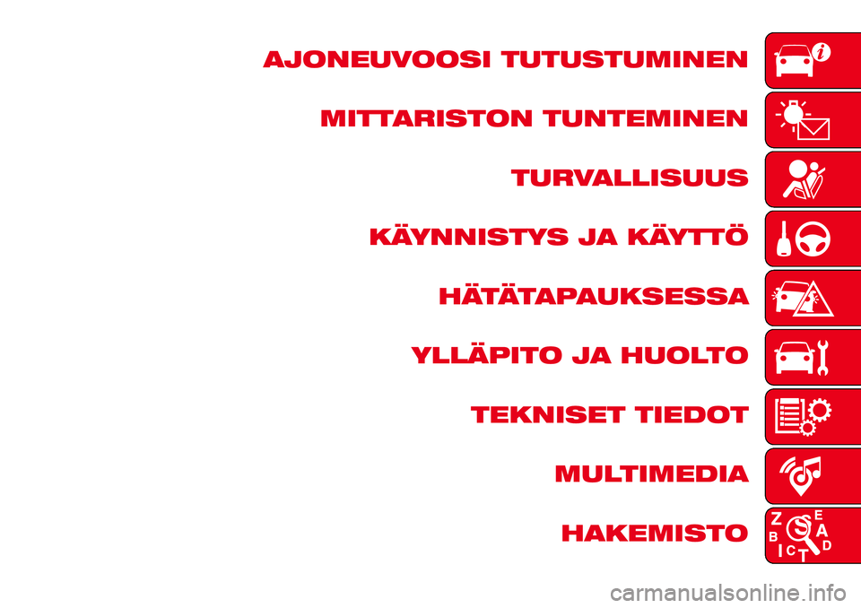 Abarth 124 Spider 2017  Käyttö- ja huolto-ohjekirja (in Finnish) AJONEUVOOSI TUTUSTUMINEN
MITTARISTON TUNTEMINEN
TURVALLISUUS
KÄYNNISTYS JA KÄYTTÖ
HÄTÄTAPAUKSESSA
YLLÄPITO JA HUOLTO
TEKNISET TIEDOT
MULTIMEDIA
HAKEMISTO 