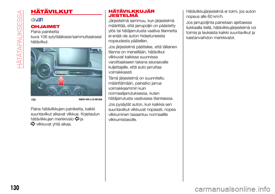 Abarth 124 Spider 2018  Käyttö- ja huolto-ohjekirja (in Finnish) HÄTÄVILKUT
OHJAIMET
Paina painiketta
kuva 106 sytyttääksesi/sammuttaaksesi
hätävilkut.
Paina hätävilkkujen painiketta, kaikki
suuntavilkut alkavat vilkkua. Kojetaulun
hätävilkkujen merkkival