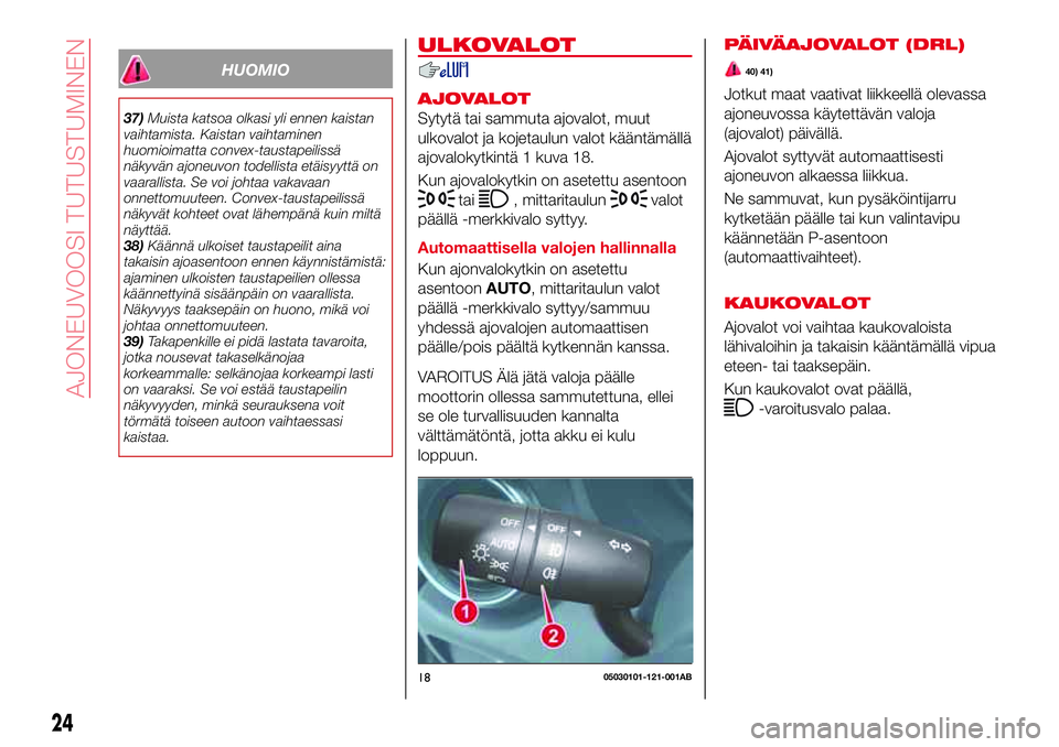 Abarth 124 Spider 2018 Käyttö- ja huolto-ohjekirja (in Finnish) HUOMIO
37)Muista katsoa olkasi yli ennen kaistan
vaihtamista. Kaistan vaihtaminen
huomioimatta convex-taustapeilissä
näkyvän ajoneuvon todellista etäisyyttä on
vaarallista. Se voi johtaa vakavaan Abarth 124 Spider 2018 Käyttö- ja huolto-ohjekirja (in Finnish) HUOMIO
37)Muista katsoa olkasi yli ennen kaistan
vaihtamista. Kaistan vaihtaminen
huomioimatta convex-taustapeilissä
näkyvän ajoneuvon todellista etäisyyttä on
vaarallista. Se voi johtaa vakavaan