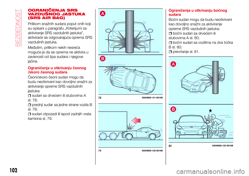 Abarth 124 Spider 2016 Knjižica za upotrebu i održavanje (in Serbian) OGRANIČENJA SRS
VAZDUŠNOG JASTUKA
(SRS AIR BAG)
Prilikom snažnih sudara poput onih koji
su opisani u paragrafu „Kriterijumi za
aktiviranje SRS vazdušnih jastuka”,
aktiviraće se odgovarajuća Abarth 124 Spider 2016 Knjižica za upotrebu i održavanje (in Serbian) OGRANIČENJA SRS
VAZDUŠNOG JASTUKA
(SRS AIR BAG)
Prilikom snažnih sudara poput onih koji
su opisani u paragrafu „Kriterijumi za
aktiviranje SRS vazdušnih jastuka”,
aktiviraće se odgovarajuća