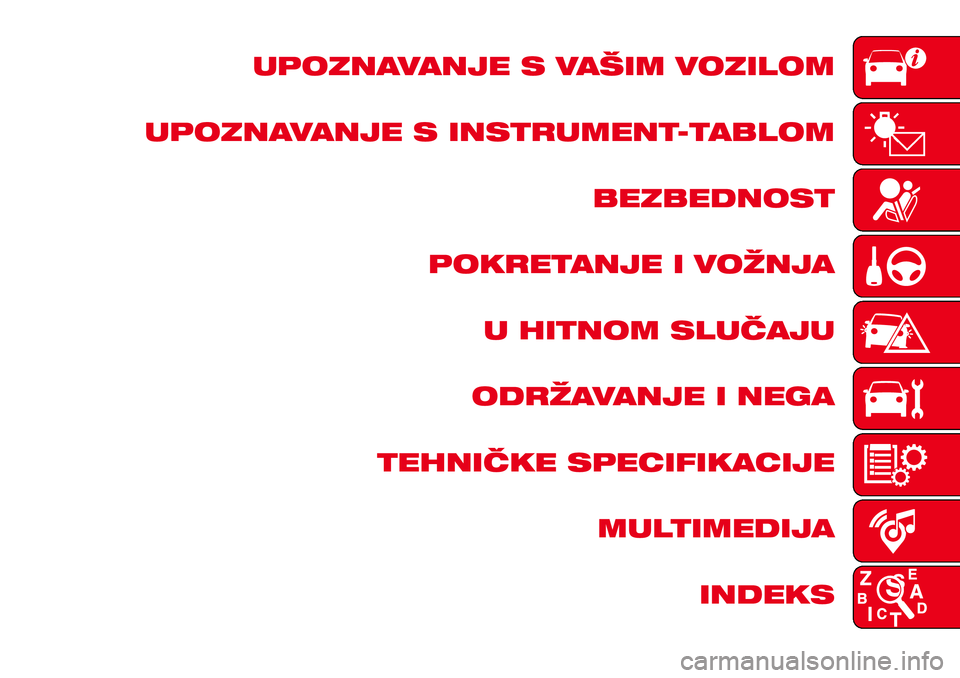 Abarth 124 Spider 2016  Knjižica za upotrebu i održavanje (in Serbian) UPOZNAVANJE S VAŠIM VOZILOM
UPOZNAVANJE S INSTRUMENT-TABLOM
BEZBEDNOST
POKRETANJE I VOŽNJA
U HITNOM SLUČAJU
ODRŽAVANJE I NEGA
TEHNIČKE SPECIFIKACIJE
MULTIMEDIJA
INDEKS 